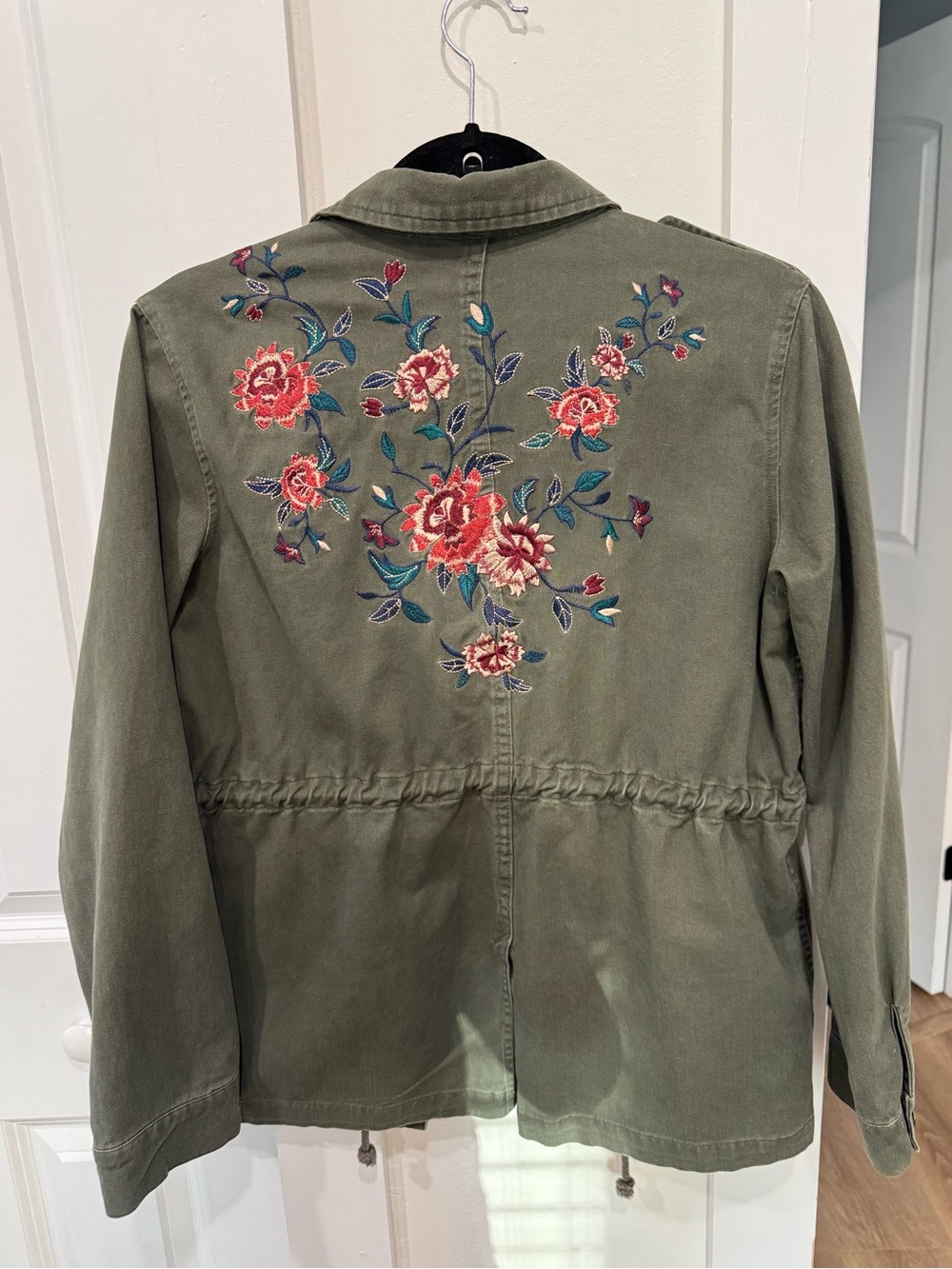 Astr Olive Green Embroidered Floral Utility Jacket